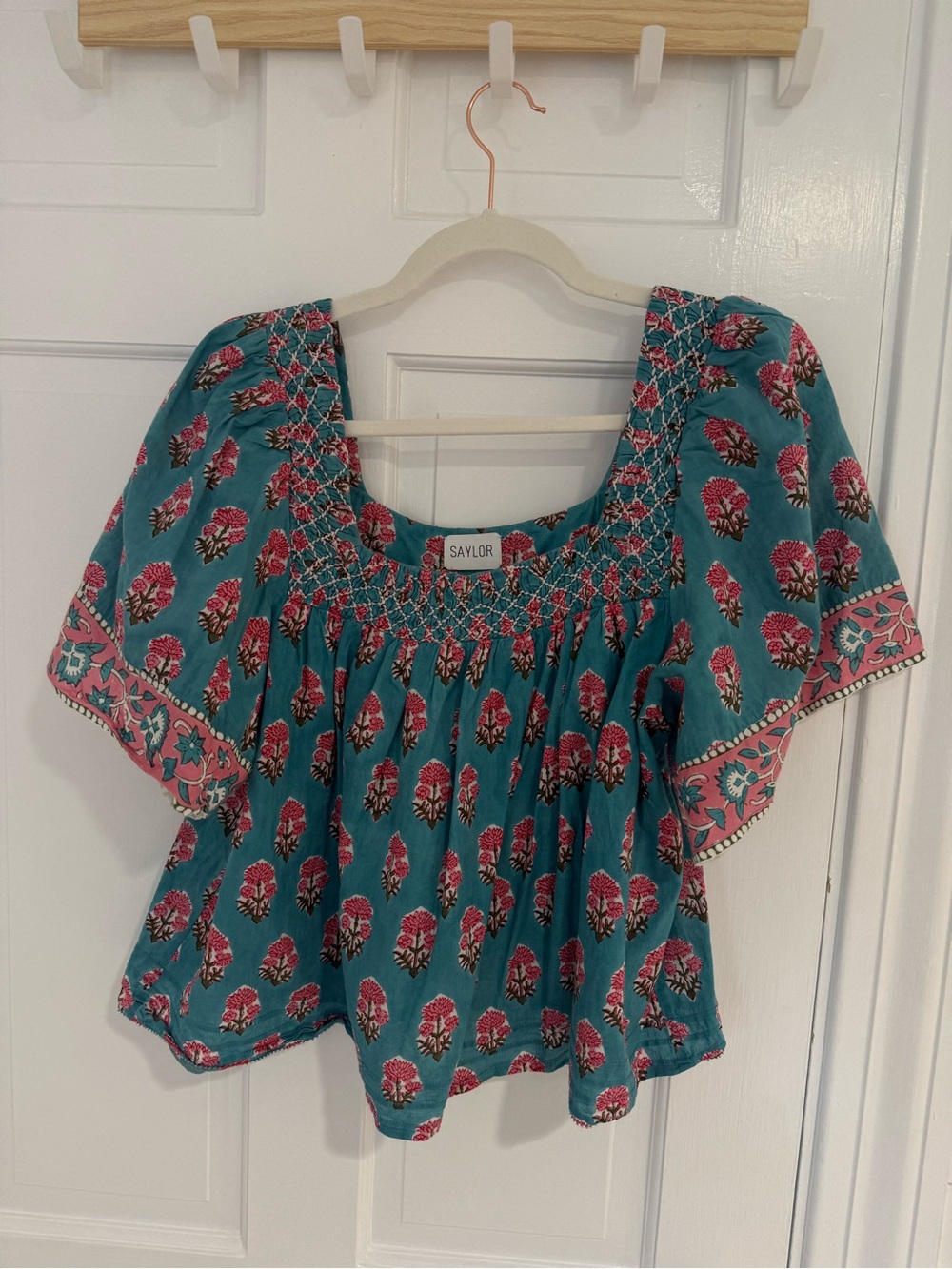 SAYLOR Teal Floral Smocked Square-Neck Tunic with Pink Accents